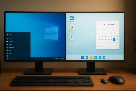 A dual-monitor workstation on a wooden desk with keyboard, mouse, and a USB drive. A dual-monitor workstation on a wooden desk with keyboard, mouse, and a USB drive.