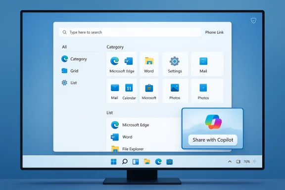 Windows-style app grid on a monitor with a Share with Copilot card.