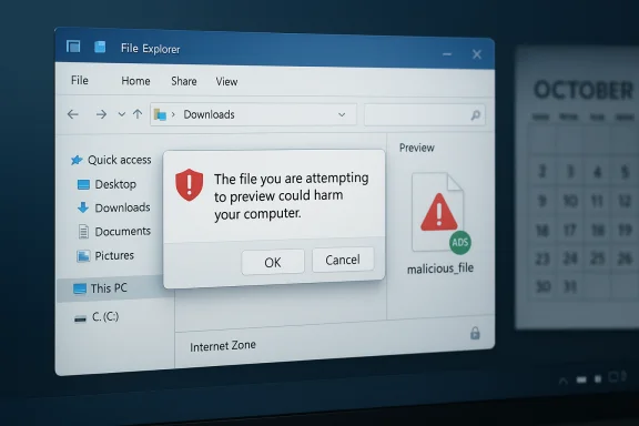Windows File Explorer shows a warning: the file you are attempting to preview could harm your computer. Windows File Explorer shows a warning: the file you are attempting to preview could harm your computer.