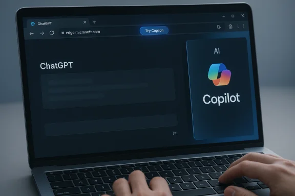Laptop screen shows a dark ChatGPT page on the left and an AI Copilot panel on the right. Laptop screen shows a dark ChatGPT page on the left and an AI Copilot panel on the right.
