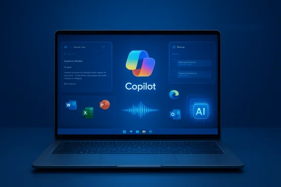 Laptop screen shows Copilot AI interface with Office apps and planning widgets. Laptop screen shows Copilot AI interface with Office apps and planning widgets.