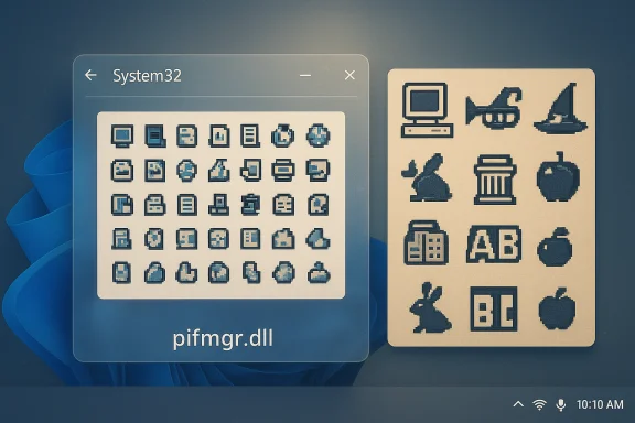 Windows desktop featuring a System32 window full of pixel-art icons and a beige icon sheet to the right.