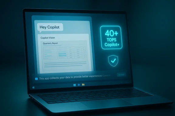 Laptop screen shows a 'Hey Copilot' chat, a neon '40+ TOPS Copilot+' badge, and a consent banner. Laptop screen shows a 'Hey Copilot' chat, a neon '40+ TOPS Copilot+' badge, and a consent banner.