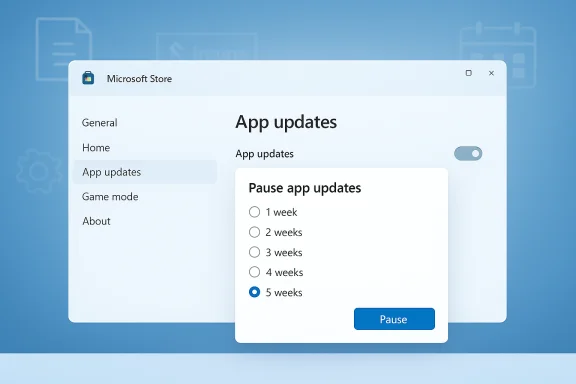 Microsoft Store app updates screen with a Pause app updates dialog (5 weeks selected). Microsoft Store app updates screen with a Pause app updates dialog (5 weeks selected).