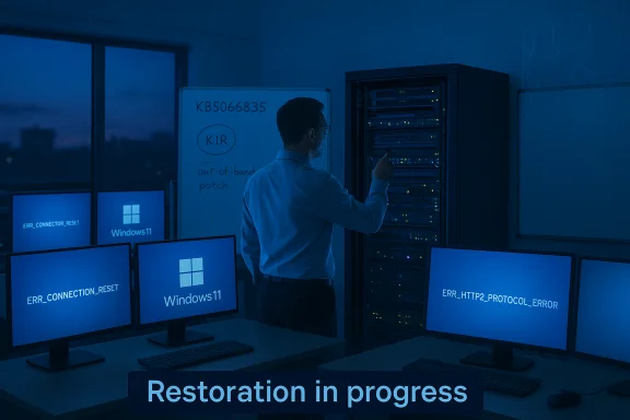 Technician tends a server rack as monitors show Windows 11 errors; restoration in progress.