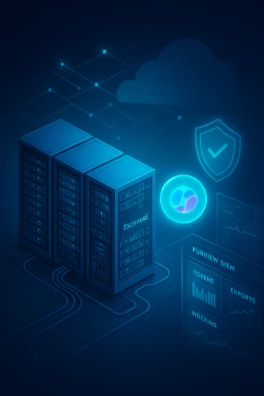 Blue-toned data center with exchange servers, a glowing cloud, and a security shield. Blue-toned data center with exchange servers, a glowing cloud, and a security shield.