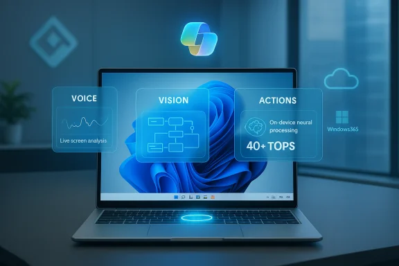 A laptop displays floating holographic AI panels labeled Voice, Vision, and Actions. A laptop displays floating holographic AI panels labeled Voice, Vision, and Actions.