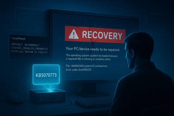 A man sits before a cracked monitor displaying a blue 'RECOVERY' error screen. A man sits before a cracked monitor displaying a blue 'RECOVERY' error screen.
