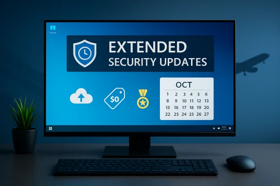 A desktop monitor shows a banner reading 'Extended Security Updates' with icons and an October calendar. A desktop monitor shows a banner reading 'Extended Security Updates' with icons and an October calendar.