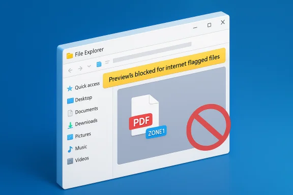 3D File Explorer shows a yellow warning: Preview blocked for internet flagged files over a PDF icon. 3D File Explorer shows a yellow warning: Preview blocked for internet flagged files over a PDF icon.