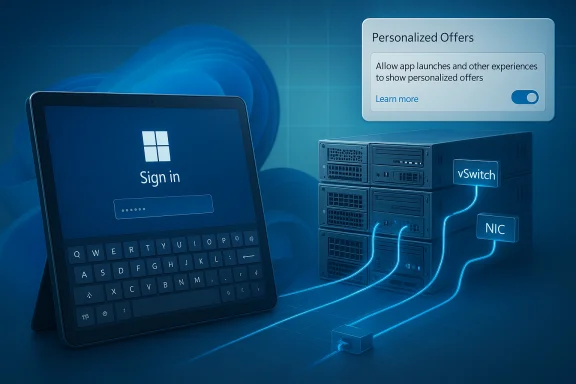 A Windows sign-in tablet connects to a server rack via glowing blue network cables.
