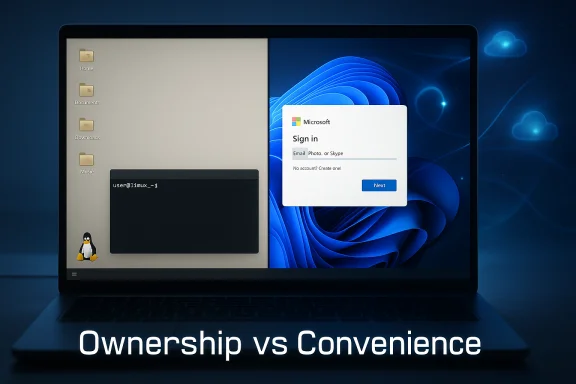 Laptop split between a Linux desktop on the left and a Windows sign-in on the right, showing ownership vs convenience.
