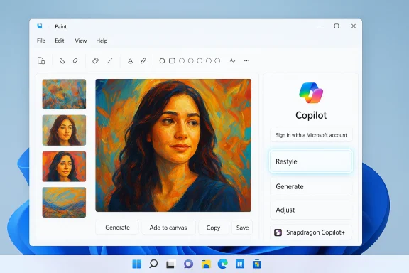 A Paint-like app showing a vibrant portrait editing canvas with a Copilot panel on the right. A Paint-like app showing a vibrant portrait editing canvas with a Copilot panel on the right.