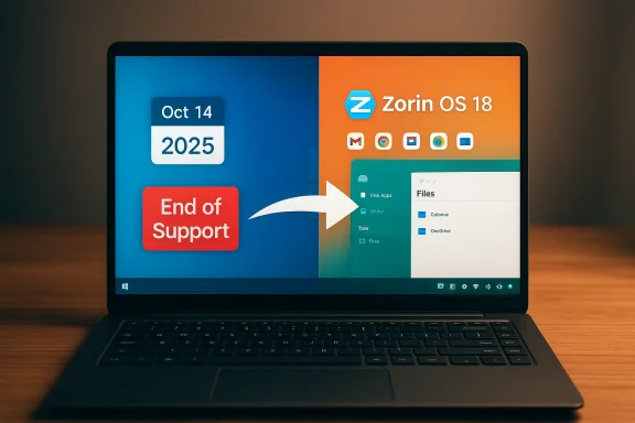 Laptop screen shows Windows approaching end of support and Zorin OS 18 on the right. Laptop screen shows Windows approaching end of support and Zorin OS 18 on the right.