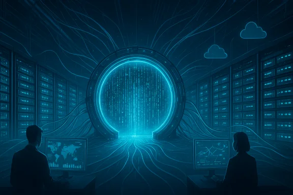 Two operators monitor data as a neon-blue portal glows in a futuristic data center. Two operators monitor data as a neon-blue portal glows in a futuristic data center.