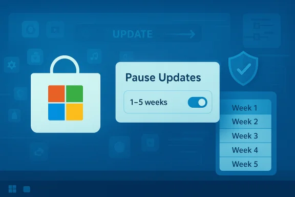 Blue UI illustration featuring a Windows Store icon and a Pause Updates toggle set to 1–5 weeks. Blue UI illustration featuring a Windows Store icon and a Pause Updates toggle set to 1–5 weeks.