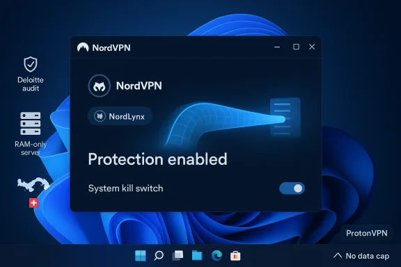 NordVPN on Windows 11 with Protection enabled; NordLynx and Deloitte audit badges visible. NordVPN on Windows 11 with Protection enabled; NordLynx and Deloitte audit badges visible.