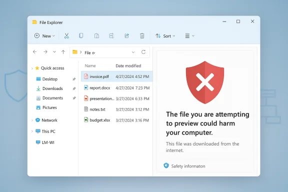 Windows File Explorer shows a security warning: previewing this file could harm your computer. Windows File Explorer shows a security warning: previewing this file could harm your computer.