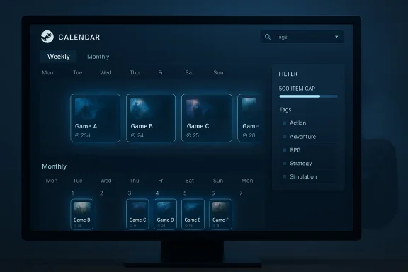 Dark blue calendar UI on a monitor showing weekly games grid and a right-side filter panel. Dark blue calendar UI on a monitor showing weekly games grid and a right-side filter panel.