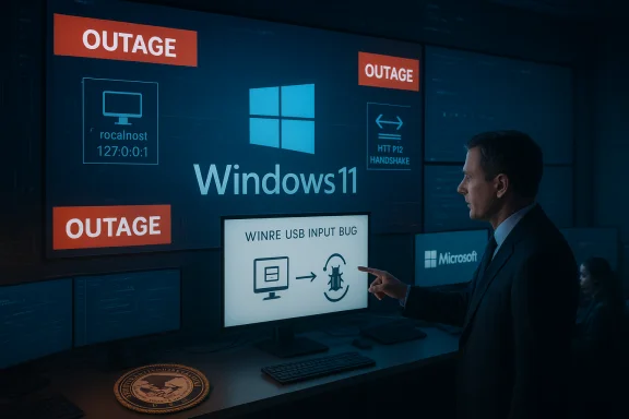 A suited man points at a screen displaying 'WINRE USB INPUT BUG' amid Windows 11 outage alerts. A suited man points at a screen displaying 'WINRE USB INPUT BUG' amid Windows 11 outage alerts.