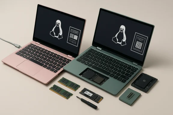 Two laptops display Linux Tux wallpaper with RAM sticks and tools laid out for upgrades. Two laptops display Linux Tux wallpaper with RAM sticks and tools laid out for upgrades.