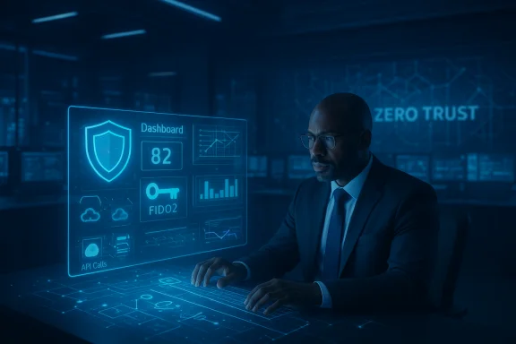 A man in a suit works with a glowing holographic security dashboard, Zero Trust in the background. A man in a suit works with a glowing holographic security dashboard, Zero Trust in the background.