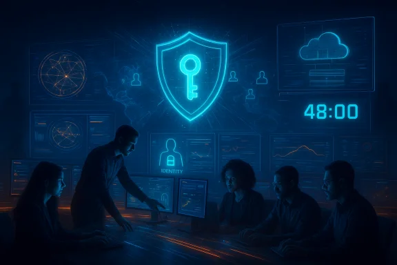 A team of analysts monitors cybersecurity on holographic dashboards. A team of analysts monitors cybersecurity on holographic dashboards.