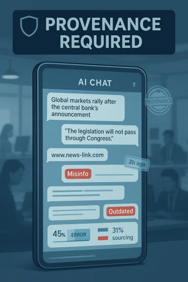 Provenance required sign above an AI chat app flagging misinformation. Provenance required sign above an AI chat app flagging misinformation.