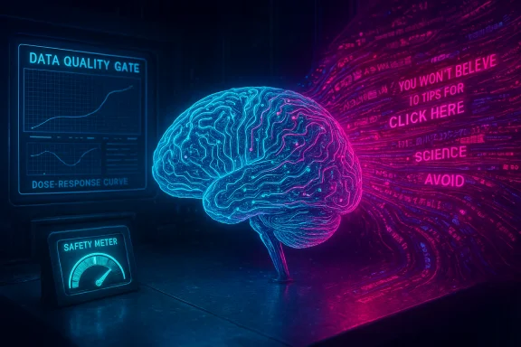 Blue and pink neon brain sculpture surrounded by data charts and clickbait text. Blue and pink neon brain sculpture surrounded by data charts and clickbait text.