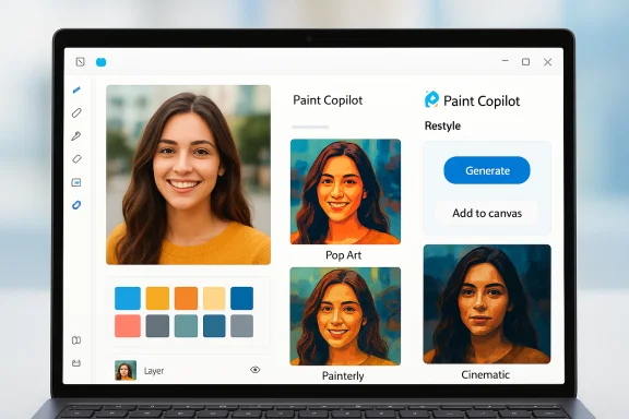 Laptop screen showing Paint Copilot interface with portrait edits and art-style previews. Laptop screen showing Paint Copilot interface with portrait edits and art-style previews.