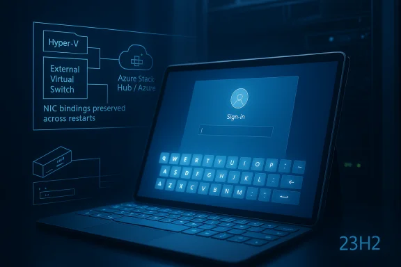 Blue-toned laptop screen shows a sign-in UI beside a holographic diagram of Hyper-V and Azure Stack.