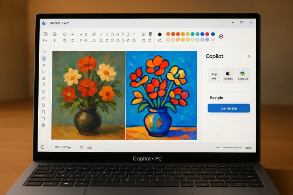 A laptop screen shows a painting app with two vibrant flower paintings side by side. A laptop screen shows a painting app with two vibrant flower paintings side by side.