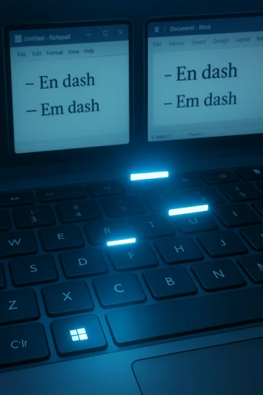 Blue-lit laptop keyboard with dual screens displaying en dash and em dash text. Blue-lit laptop keyboard with dual screens displaying en dash and em dash text.