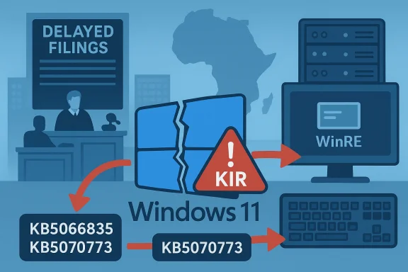 Windows 11 crash diagram with a KIR warning, broken screen, and KB update numbers near servers. Windows 11 crash diagram with a KIR warning, broken screen, and KB update numbers near servers.