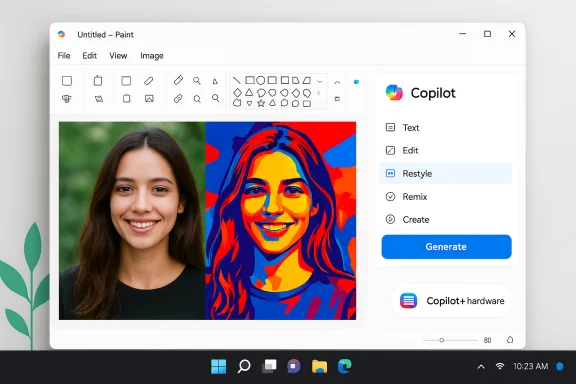 Split-screen portrait: real photo on left and colorful pop-art version on right in a Paint-like editor. Split-screen portrait: real photo on left and colorful pop-art version on right in a Paint-like editor.
