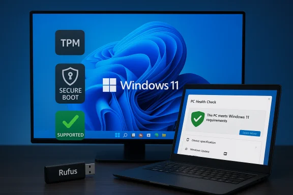 Windows 11 setup screen with TPM, Secure Boot, PC Health Check; Rufus USB drive on desk. Windows 11 setup screen with TPM, Secure Boot, PC Health Check; Rufus USB drive on desk.