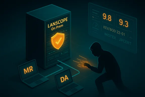 A hacker breaches an on-prem Lanscope server via two laptops (MR and DA). A hacker breaches an on-prem Lanscope server via two laptops (MR and DA).
