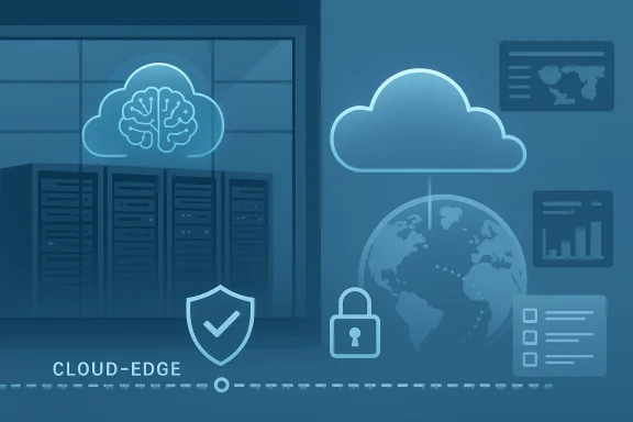 Cloud-edge data center with AI-brain in the cloud, globe connectivity, and security icons. Cloud-edge data center with AI-brain in the cloud, globe connectivity, and security icons.