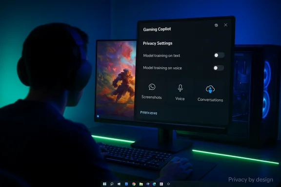 Gamer with headset at a neon-lit desk, screen shows Gaming Copilot privacy settings. Gamer with headset at a neon-lit desk, screen shows Gaming Copilot privacy settings.