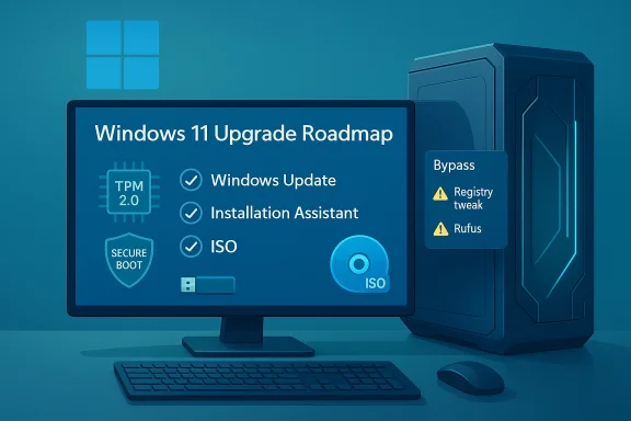 Illustration of Windows 11 upgrade roadmap on a monitor, featuring TPM 2.0, Secure Boot, ISO, and bypass options. Illustration of Windows 11 upgrade roadmap on a monitor, featuring TPM 2.0, Secure Boot, ISO, and bypass options.