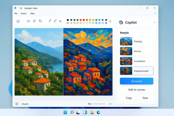 Two-panel painting in Paint: a tranquil hillside village left, a vivid impressionist right. Two-panel painting in Paint: a tranquil hillside village left, a vivid impressionist right.