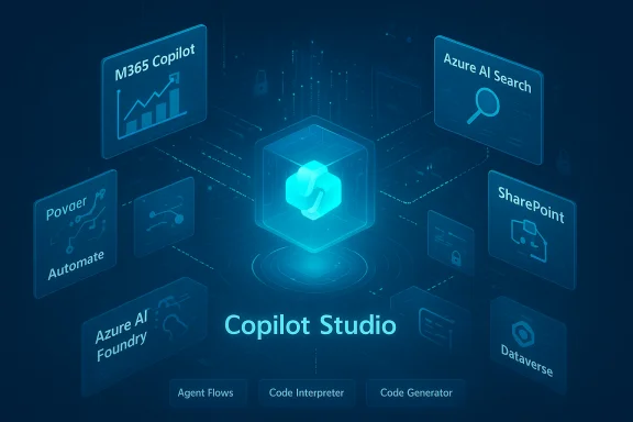 Blue holographic UI of Copilot Studio showcasing AI tools and automation panels.