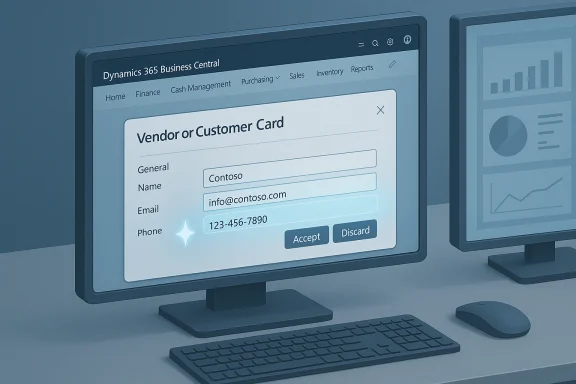 Computer monitor showing a Dynamics 365 Vendor or Customer Card form with Contoso details. Computer monitor showing a Dynamics 365 Vendor or Customer Card form with Contoso details.