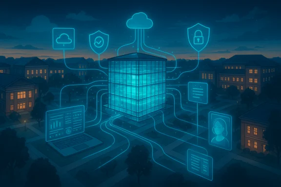 A glowing data center hub on a campus links cloud, security, and data icons.