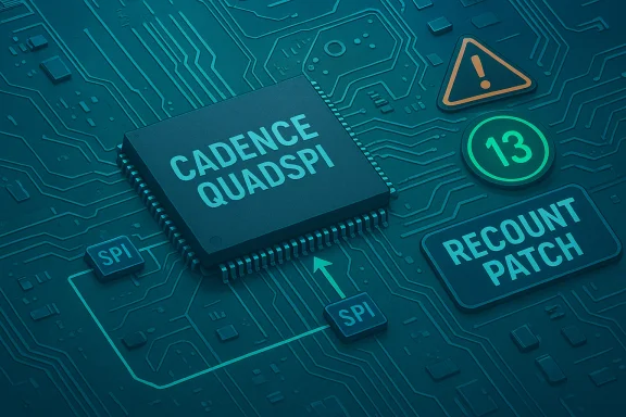 Circuit board with a Cadence QuadSPI chip, SPI pads, a warning symbol, and a RECOUNT PATCH label. Circuit board with a Cadence QuadSPI chip, SPI pads, a warning symbol, and a RECOUNT PATCH label.
