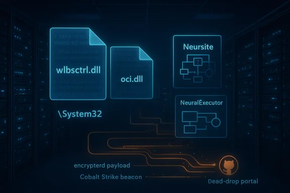 Neon holographic server room displaying DLLs (wlbsctrl.dll, oci.dll), System32, and NeuralExecutor diagrams. Neon holographic server room displaying DLLs (wlbsctrl.dll, oci.dll), System32, and NeuralExecutor diagrams.