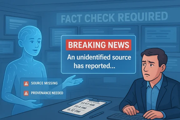 Newsroom scene shows a “Fact Check Required” banner as breaking news reports an unidentified source. Newsroom scene shows a “Fact Check Required” banner as breaking news reports an unidentified source.