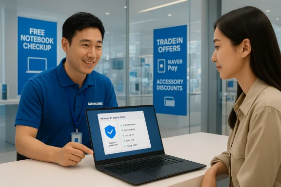 Samsung staff assists customer with Windows 11 eligibility check on a laptop. Samsung staff assists customer with Windows 11 eligibility check on a laptop.