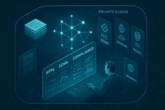 A person analyzes a holographic private cloud dashboard with compliance metrics.