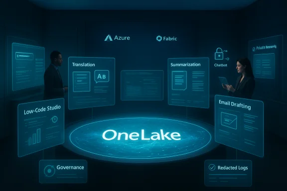 A futuristic room with holographic panels around a glowing OneLake platform.